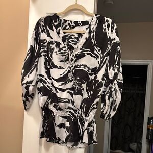 Milano Black and White Ruched Ruffled Blouse